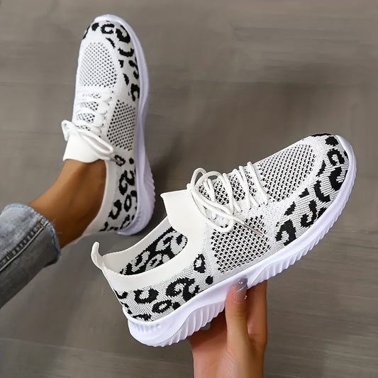 Women's Breathable & Lightweight Sneakers, Leopard Pattern Lace-up Running Shoes, Women's Footwear