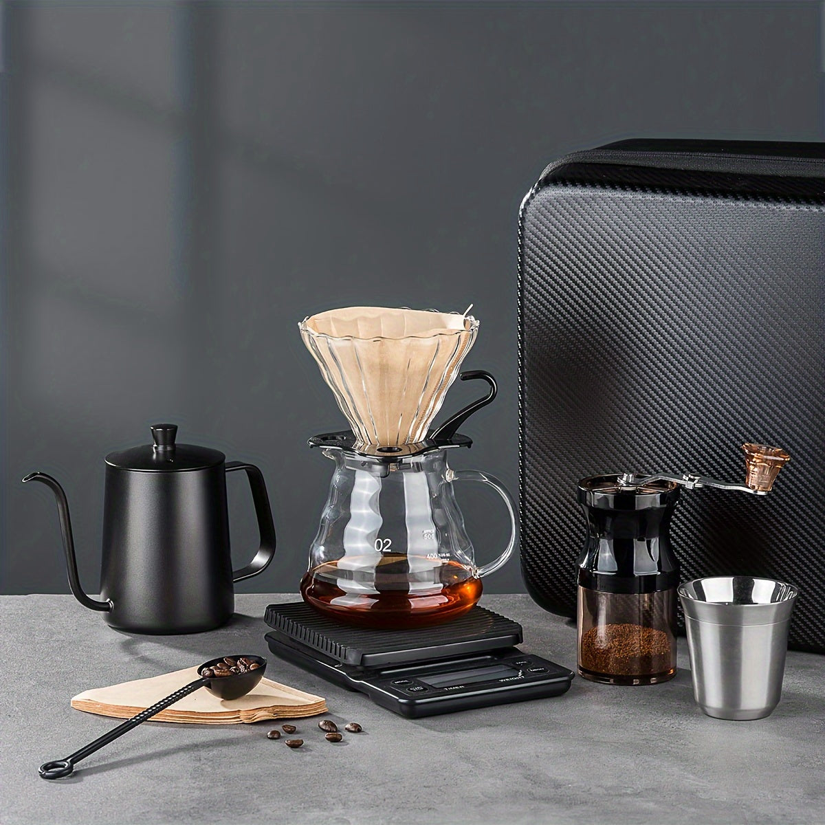 9pcs Hand Brewed Coffee Pot Set, With Storage Box, Hand Brewed Coffee Tools, Gift Giving, Camping,  For RV Outdoor Camping Picnic Office Travel Coffee Maker Coffee Bar Accessories Back To School Supplies