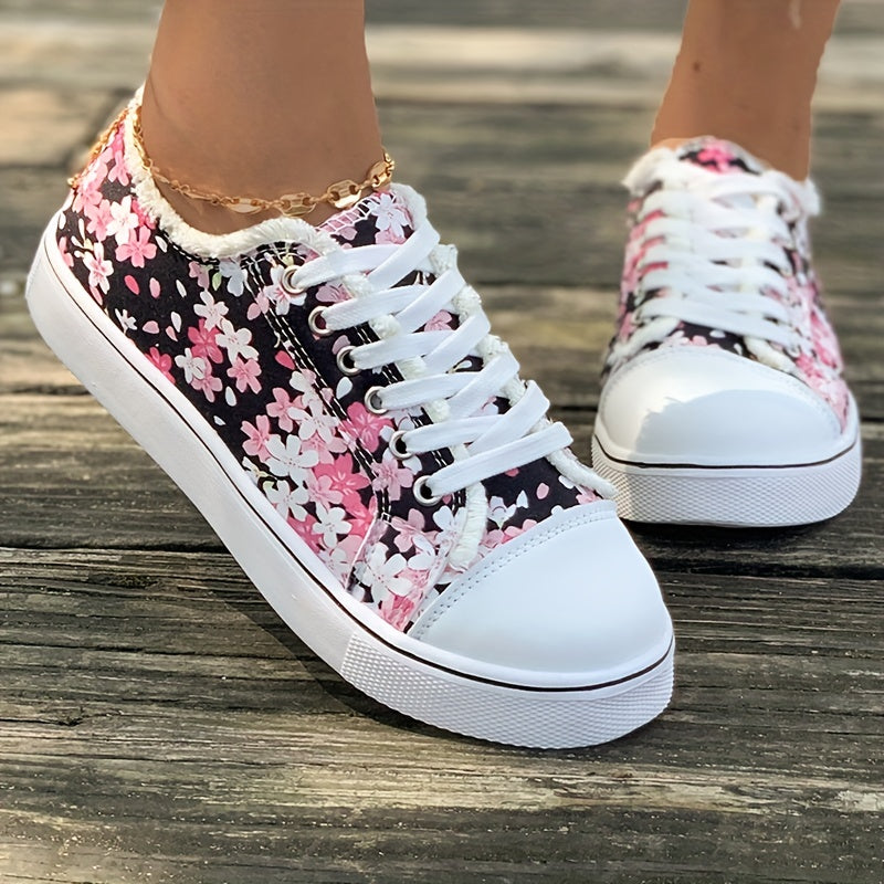 Canvasschuhe mit Blumenmuster für Damen, lässige Skateschuhe mit Schnürung und niedrigem Oberteil, flache All-Match-Sneaker