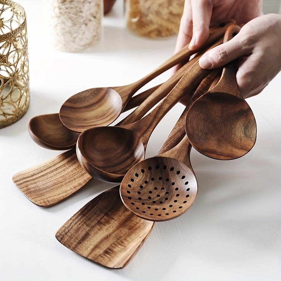 7pcs cuillères en bois de teck naturel pour la cuisine-spatule antiadhésive avec poignée confortable-parfait pour la rentrée des fournitures scolaires