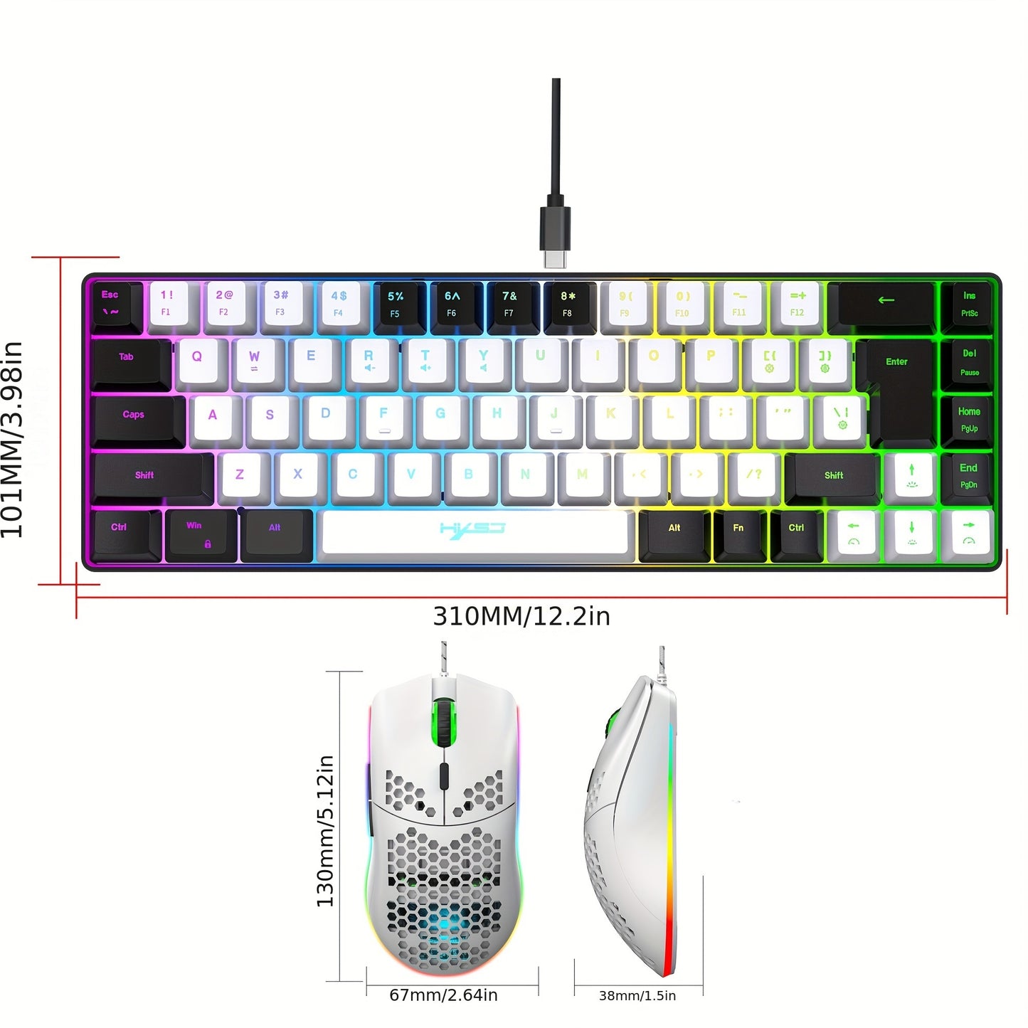 HXSJ- Black & White RGB Keyboard And Cellular Gaming Mouse, Compact 68-key Mini Wired Keyboard RGB Backlit 1000-6400 DPI Mouse, Keyboard And Mouse Gaming PS4 Xbox PC Laptop Mac
