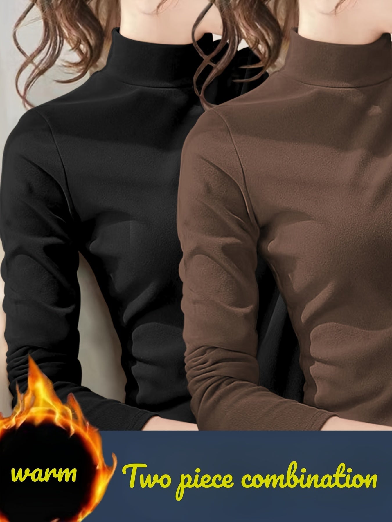 2pcs Mock Neck Thermal Underwear, Soft & Comfortable Long Sleeve Base Top, Women's Lingerie & Sleepwear