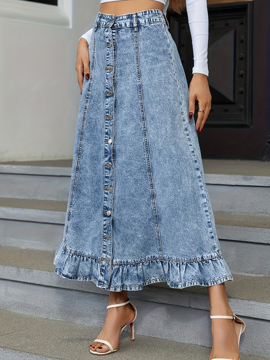Blue Ruffle Hem Denim Midi Skirt, Single Breasted Button Washed Elegant Denim Skirt, Women's Denim Clothing
