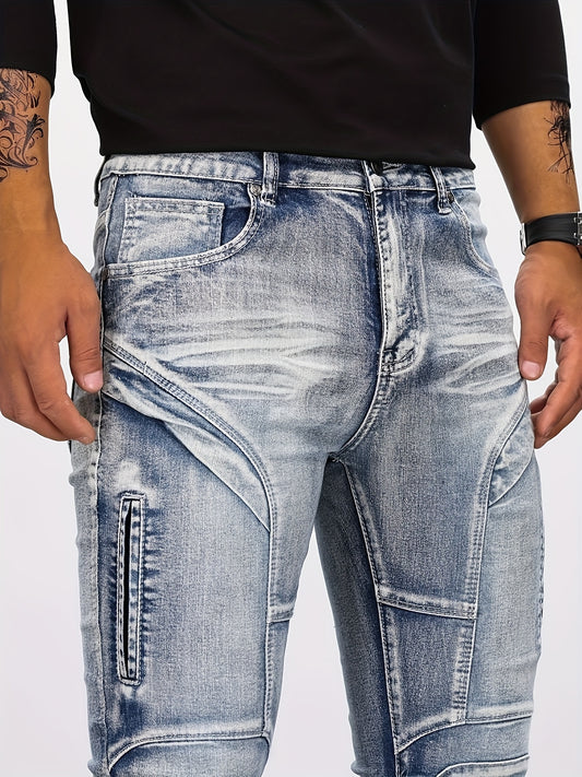 Men's Casual Skinny Biker Jeans, Chic Street Style Stretch Denim Pants