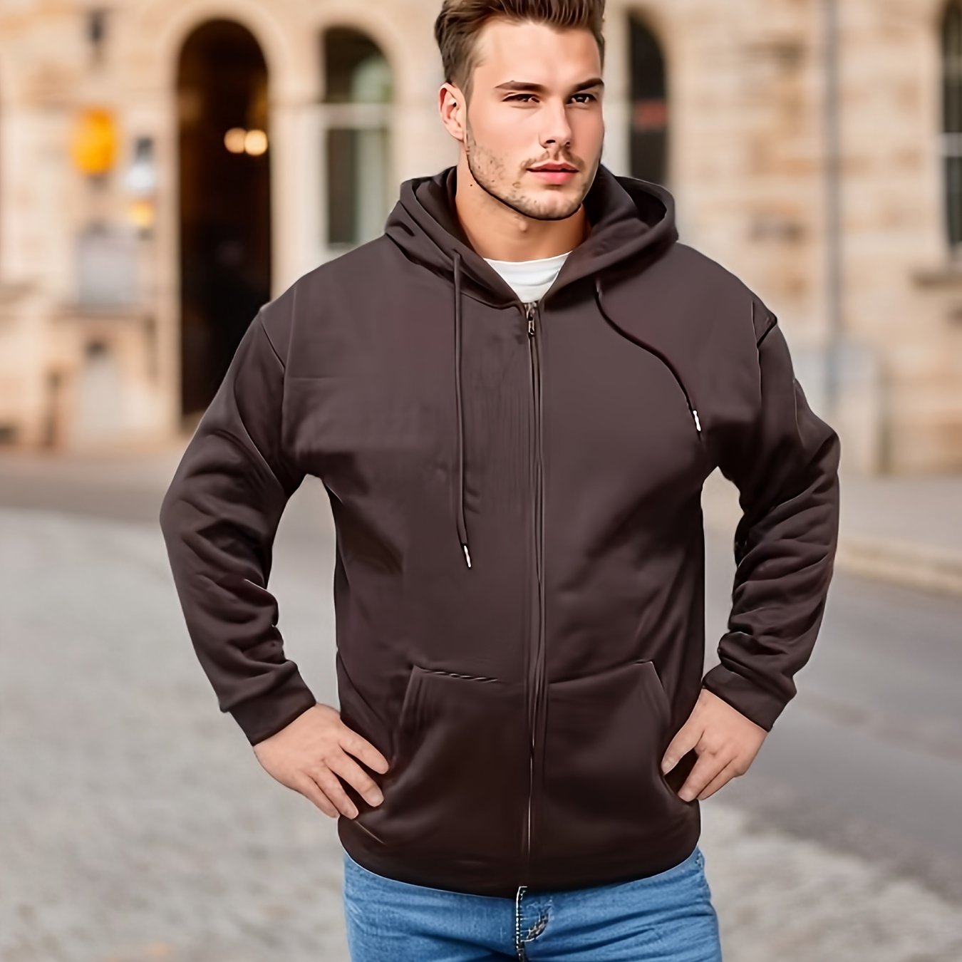 Plus Size Men's Solid Hoodies Oversized Hooded Jacket With Zipper For Fall Winter, Men's Clothing