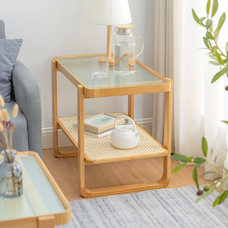 1pc Sea Shipping. Sofa Side Table, Minimalist Living Room Mini Balcony Small Coffee Table, Log Color Glass Bedside Table Rattan Braided Corner Table