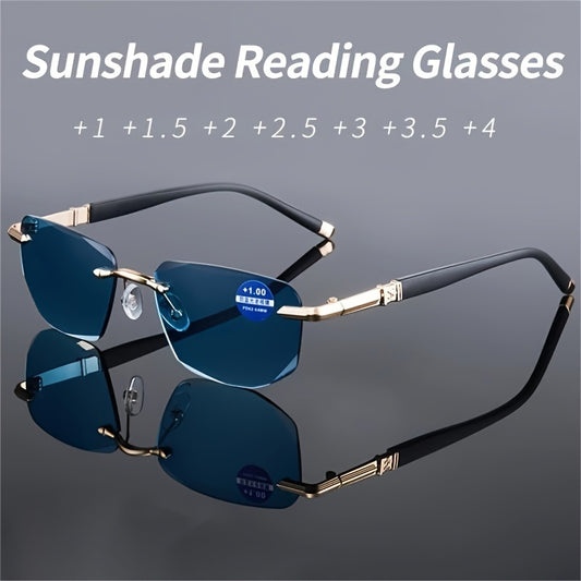 Trendy Elegant Unique Faceted Blue Lens Reading Glasses, Metal Frame Rimless Farsighted Glasses, For Men Women Casual School Business Accessories