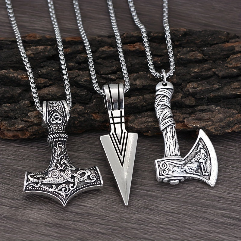 3pcs Viking Style Necklaces For Men, Hammer Compass Celtic Knot Wolf Ax Pendant Necklace, Nordic Amulet Pendant Necklace Holiday Jewelry Gift