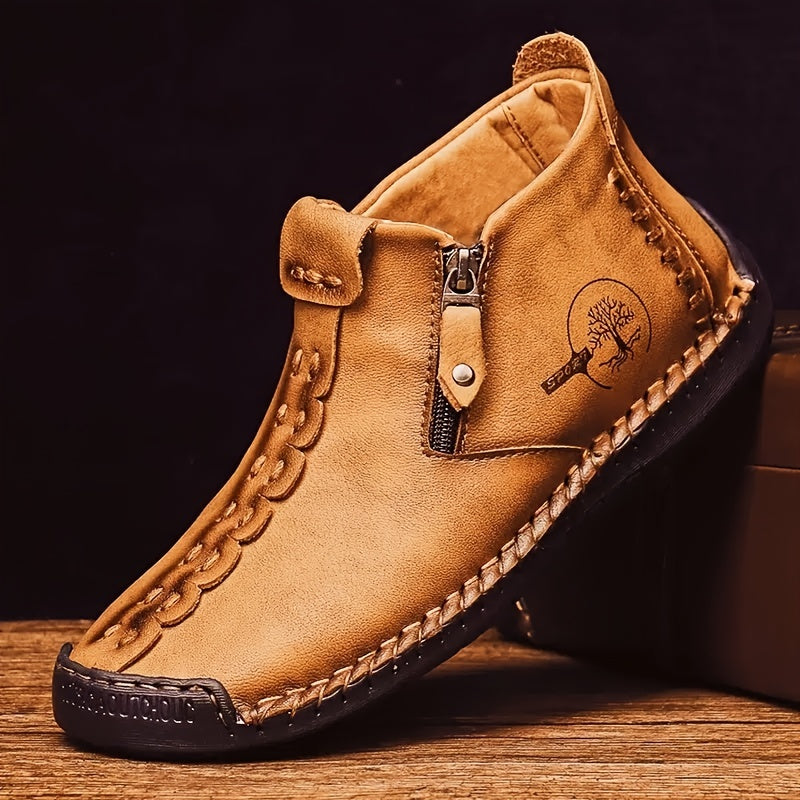 Botas masculinas com costura e zíper estilo vintage sola de borracha sapatos ao ar livre mocassins