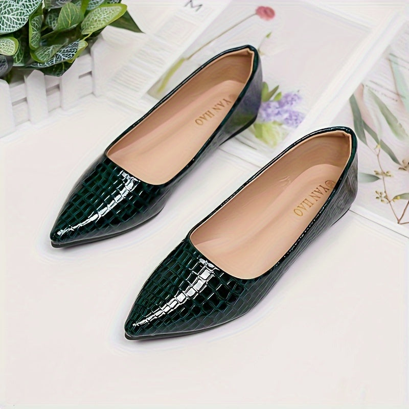 Women's Crocodile Pattern Flat Shoes, Casual Point Toe Slip On Shoes, Lightweight & Comfortable Shoes