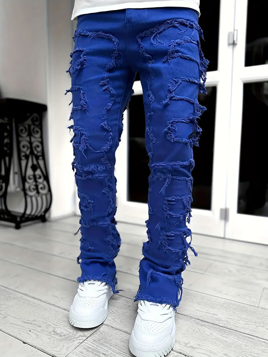 Creative Raw Trim Jeans, Men's Casual Street Style Medium Stretch Denim Pants