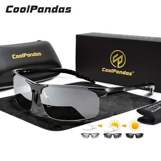 CoolPandas Aluminum Rimless Photochromic Sunglasses Men Polarized Day Night Driving Glasses Chameleon Anti-Glare Glasses , ideal choice for gifts