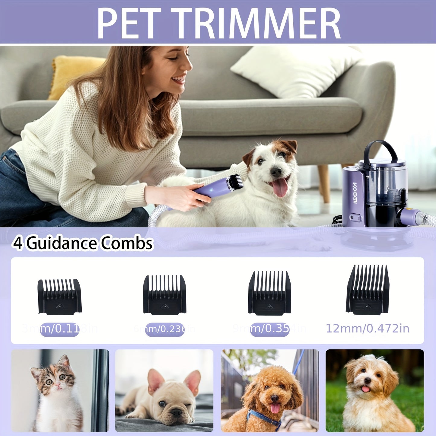 Kit de toilettage pour animaux de compagnie et aspirateur de poils de chien 99%, aspirateur de poils pour animaux de compagnie, aspirateur de toilettage pour animaux de compagnie avec 6 outils de toilettage pour animaux de compagnie, 4 peignes de rechange