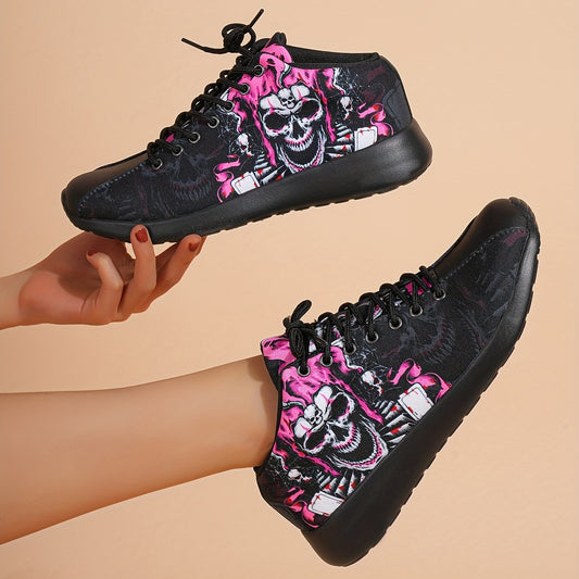 Damen Rock Skull Muster Turnschuhe, bequeme Low Top Schnürschuhe, Damenmode Halloween Schuhe