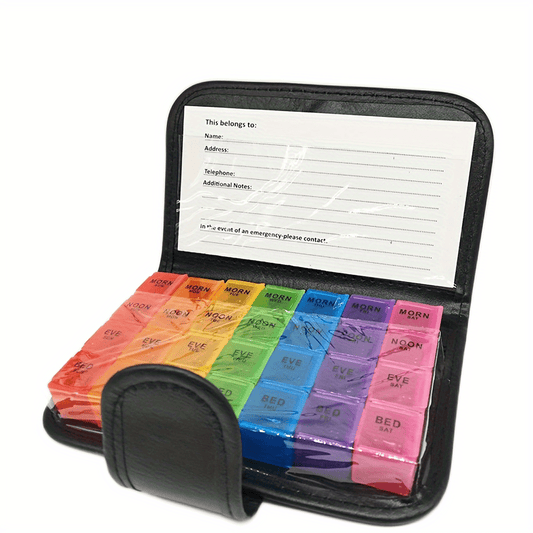 1pc Pill Box Colorful Seven-day Medicine Box 28 Grids 7 Colors Rainbow Leather Clip Medicine Box Portable Seven-day Medicine Box