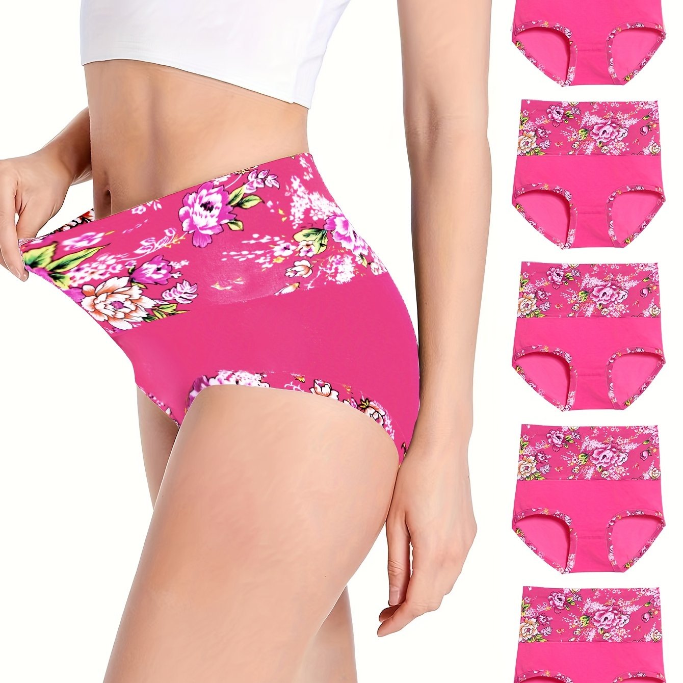 5pcs Floral Print Briefs, Comfy & Breathable Stretchy Intimates Panties, Women's Lingerie & Underwear