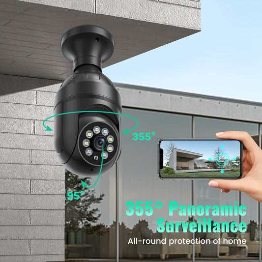 Câmera de segurança com lâmpada sem fio, câmeras externas para segurança doméstica 1080p HD Panorâmica de 360 graus com tomada de luz panorâmica Câmera de segurança com 2,4 G WiFi, visão noturna colorida, detecção de movimento inteligente, áudio bidirecio