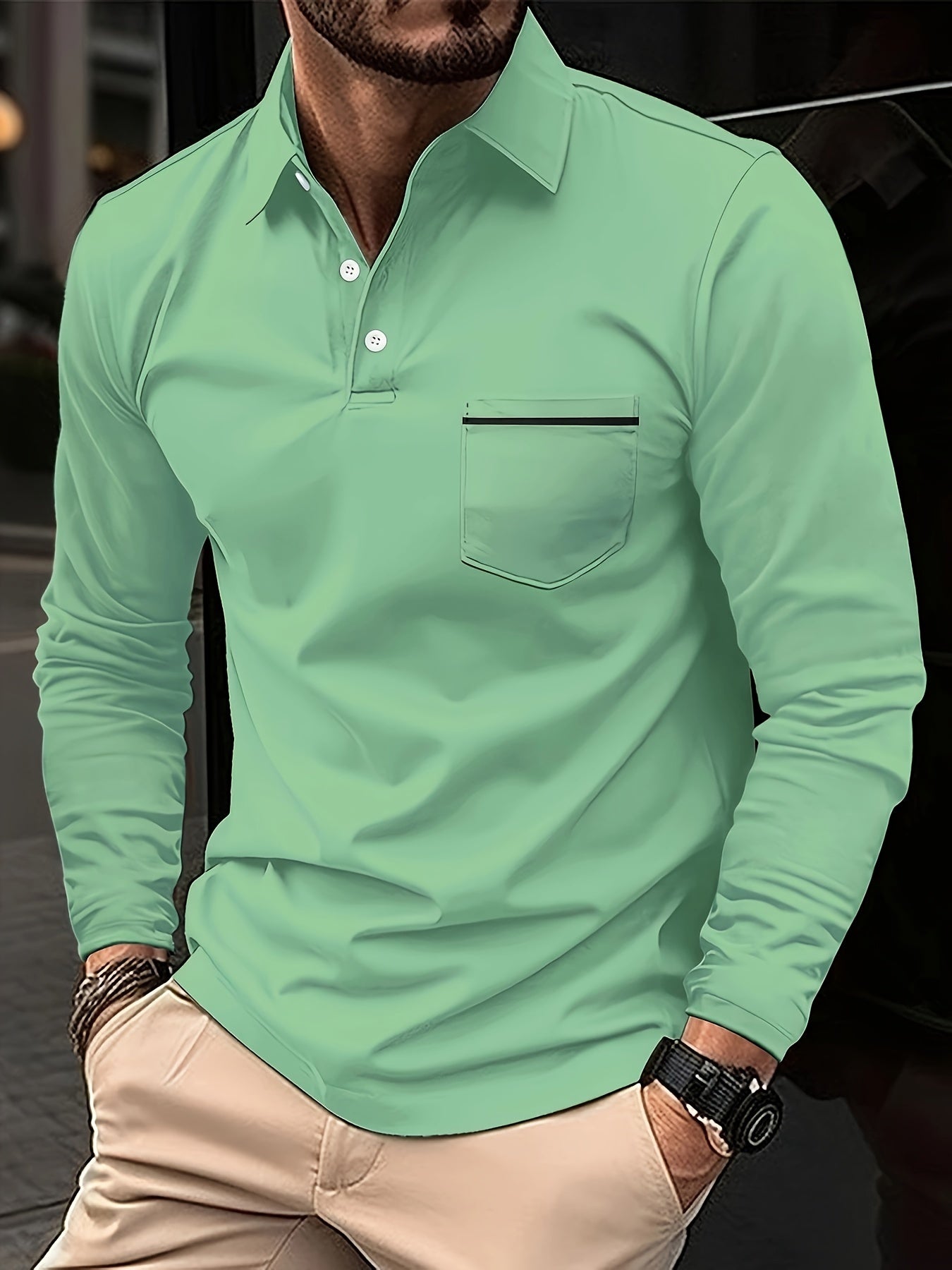 Camisa masculina de lapela de manga comprida básica madura de cor sólida com bolso no peito, esportes de golfe primavera outono