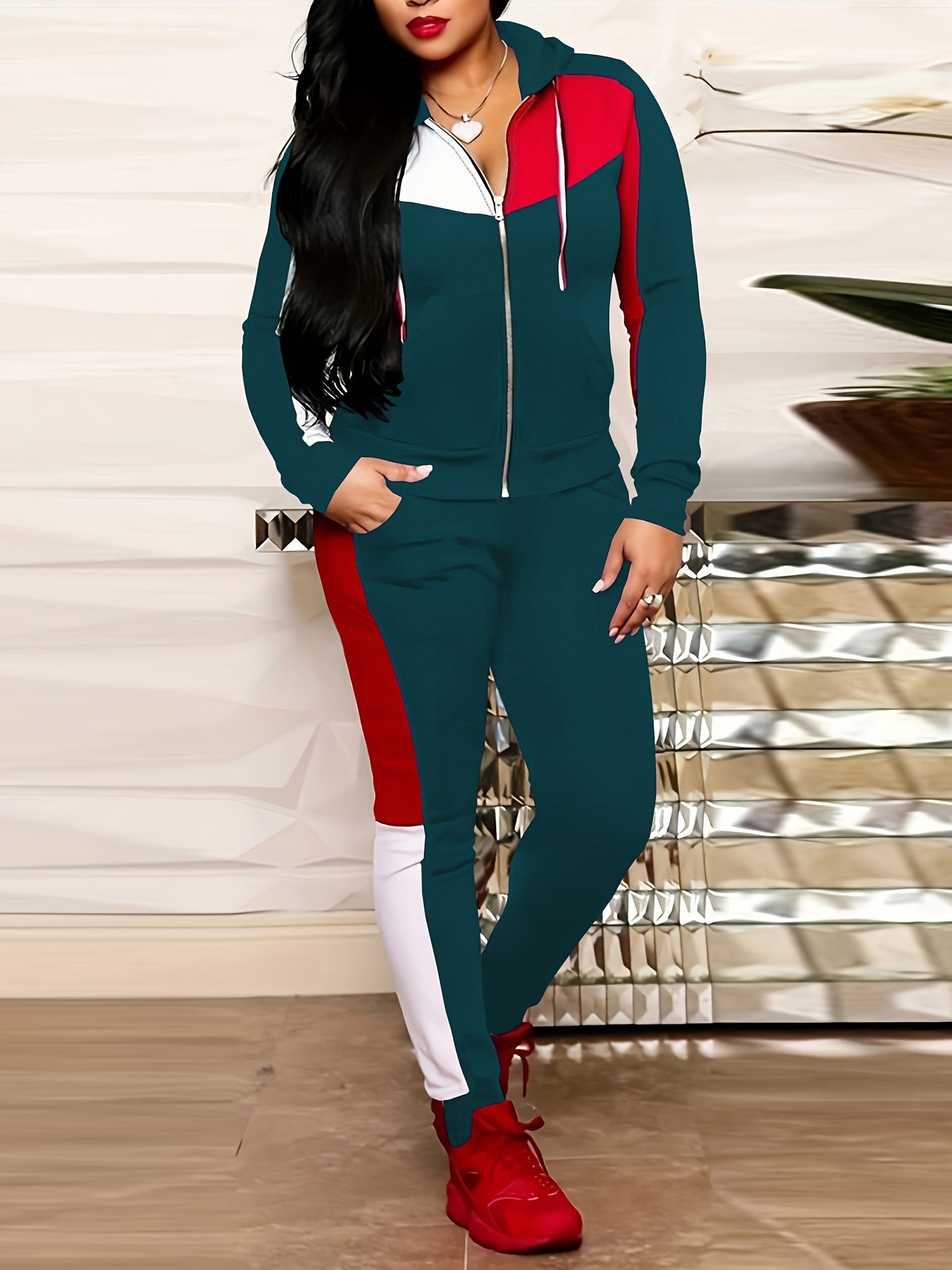 Athleisure Color Block Two-piece Set, Zip Up Drawstring Hoodie & Contrast Trim Jogger Pants Outfits, Women's Clothing