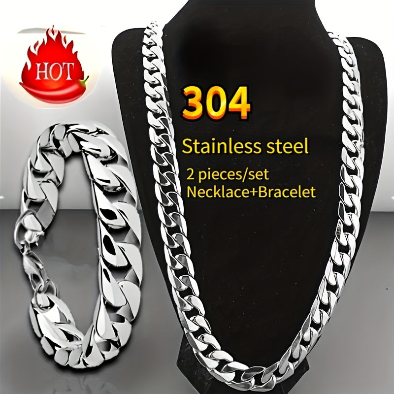 2pcs Necklace Plus Bracelet Punk Style Jewelry Set Trendy Cuban Chain Design Made Of Stainless Steel Suitable For Men And Women Match Daily Outfits Party Accessories