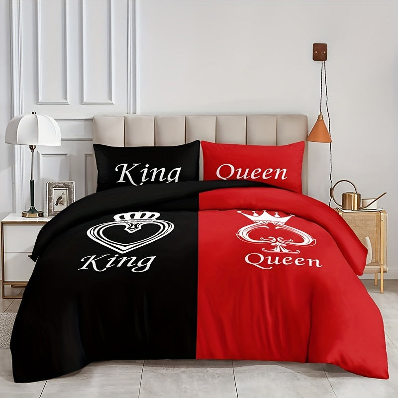 3pcs Duvet Cover Set, Black And Red Crown Pattern Bedding Set, Soft Duvet Cover For Bedroom, Guest Room (1*Duvet Cover + 2*Pillowcase, Without Core)