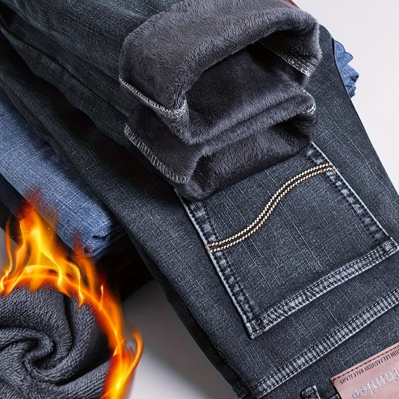 Men's Warm Fleece Jeans For Business, Casual Street Style Denim Pants With Pockets For Fall Winter