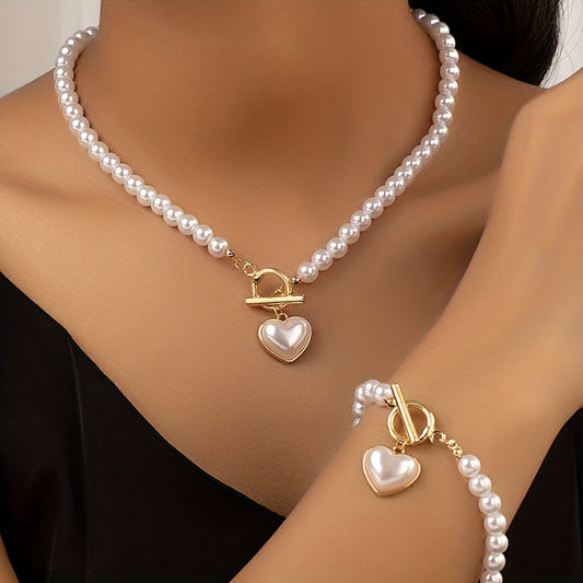 2pcs Necklace + Bracelet Chic Jewelry Set Classy OT Buckle & Sweet Heart Design Made Of Milky Stone 14k Gold Plated Match Daily Outfits Gift For Female