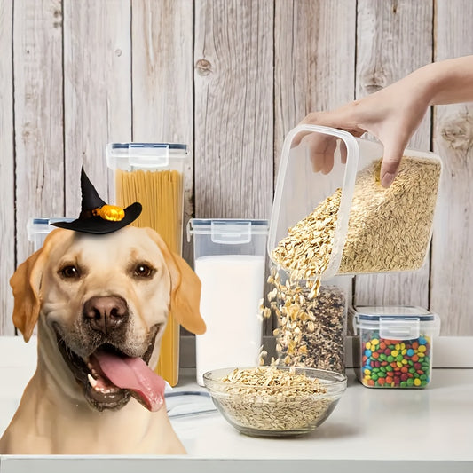 Los cubos de almacenamiento plásticos de la comida de perro con las etiquetas y el marcador para el almacenamiento del bocado de la comida seca para animales