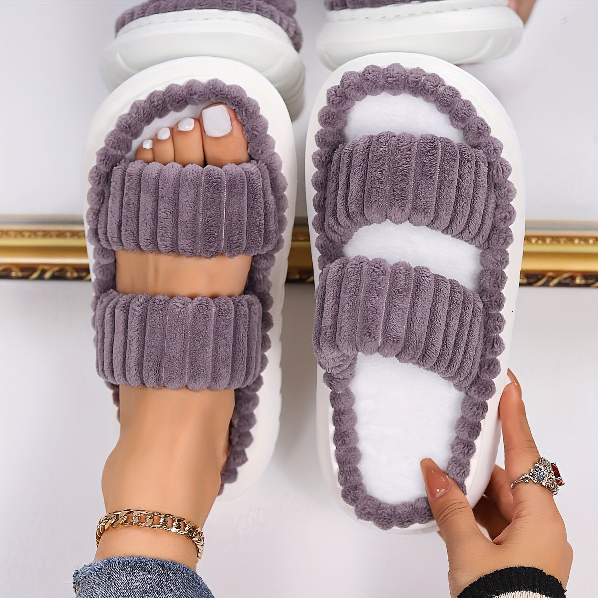 Women's Double Straps Plush Slippers, Solid Color Open Toe Non Slip Comfy Slides Shoes, Fashion Indoor Platform Slippers