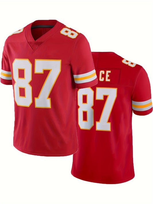 Plus Size #87 Red American Football Star Jersey T-Shirt, Casual V-Neck Loose Sports Tee Top, Activewear For Men And Women