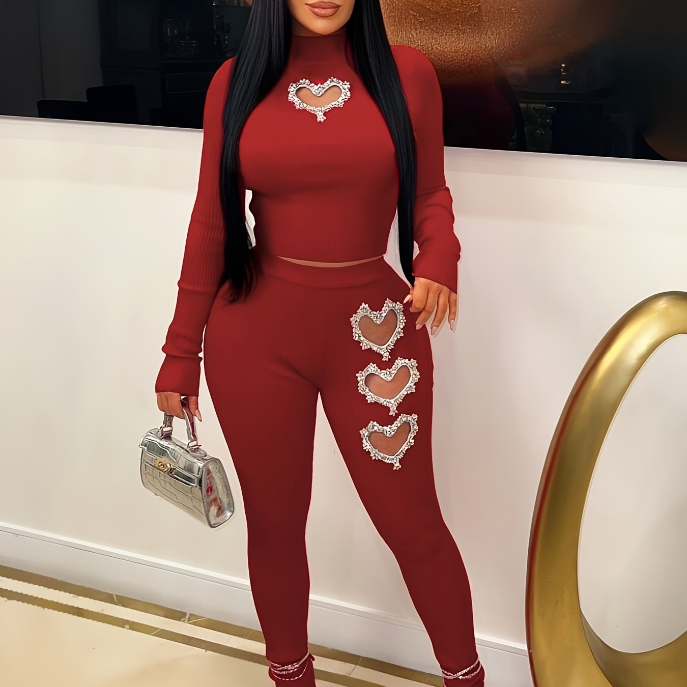 Heart Shaped Cut Out Two-piece Set, Mock Neck Long Sleeve Top & Slim Pants Outfits, Women's Clothing