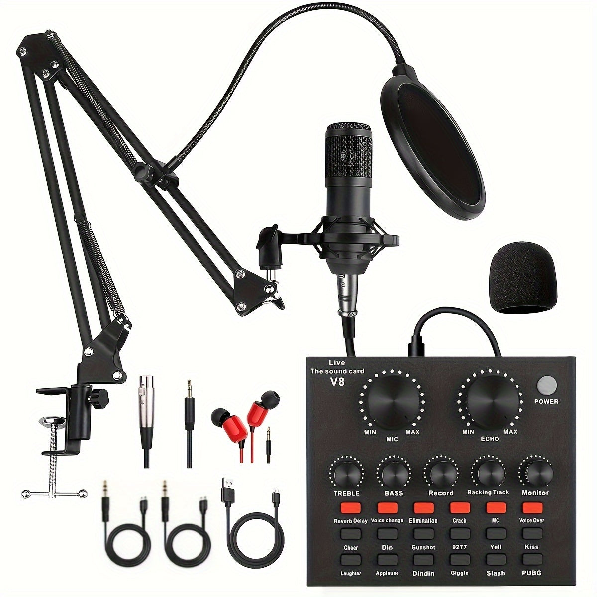 Podcast Equipment Bundle, With BM800 Podcast Microphone And V8 Sound Card, Voice Changer - Audio Interface -Perfect For Recording, Singing, Streaming And Gaming