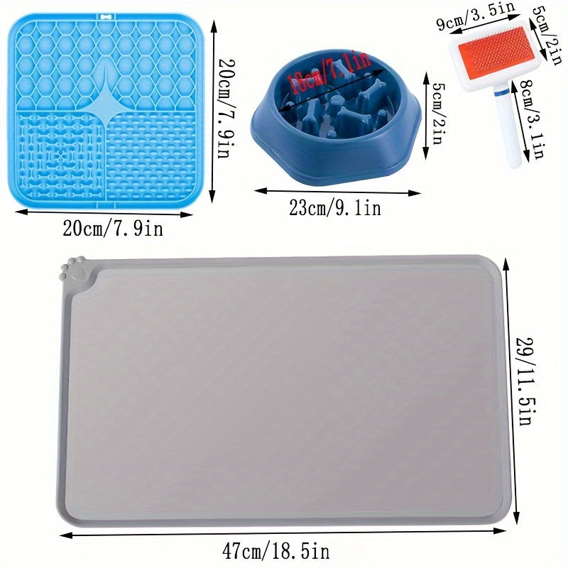 Conjunto de suprimentos de alimentação para animais de estimação, 4 peças, tapete de silicone para animais de estimação, alimentador lento, tapete para lamber cães, tigela de comida de quebra-cabeça e escova de pente para animais de estimação