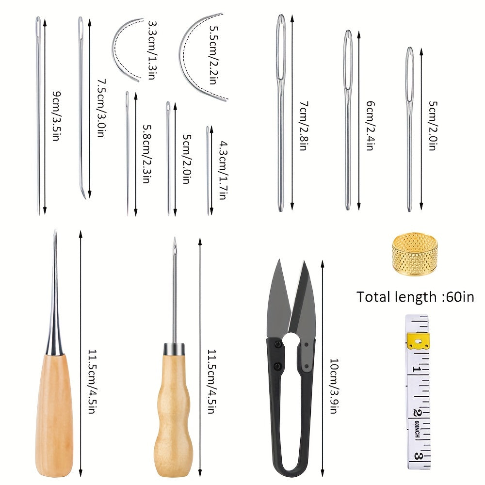 Kit de couture en cuir, outils et fournitures de travail en cuir, Kit de travail en cuir avec des aiguilles à couture à grands yeux, Kit de réparation de sellerie en cuir, Fil ciré, Outils de couture en cuir pour bricolage en cuir