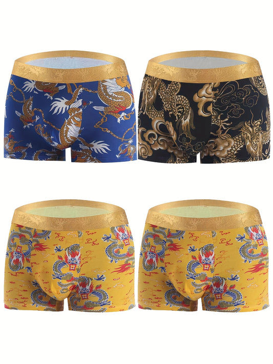 4pcs Men's Dragon Print Sexy New Fashion Personality Underwear, Cotton Comfortable Breathable Boxers Briefs