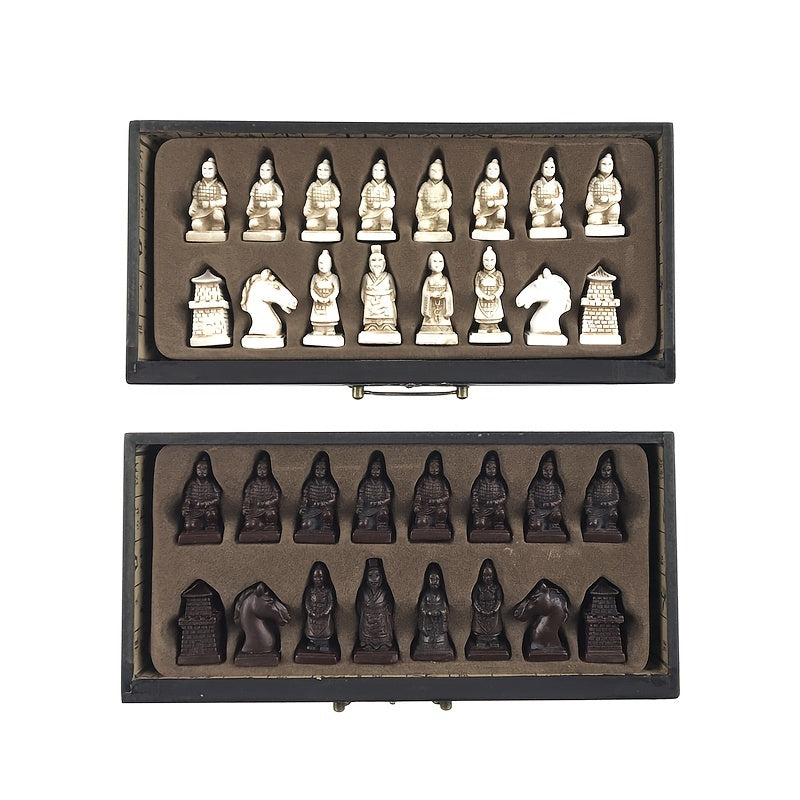 Antikes Schach Drei dimensionale Terrakotta-Armee-Schachfiguren, hochwertige Retro-Holztisch-Schach handgemacht 26*26CM (10,24*10,24 IN) Halloween \ u002FThanksgiving Day \ u002FWeihnachts geschenk, Gaming-Geschenk