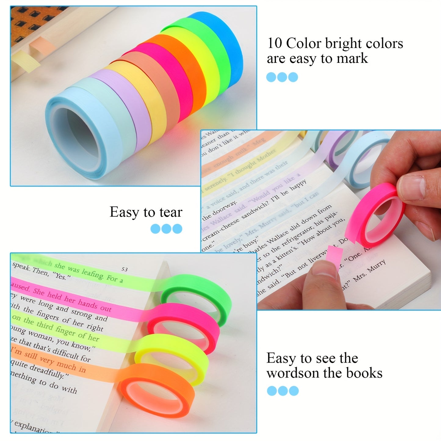 10 Rolls Highlighter Tape, 0,31x16,4 Fuß transparentes Highlighter-Band, abnehmbares Highlighter-Band für Schüler, um Notizen zum Lesen im Home Office des Klassen zimmers zu machen (10 Farben)