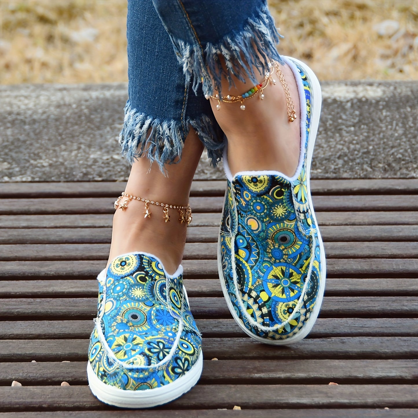 Women's Colorful Floral Print Canvas Shoes, Fashion Slip On Flat Backless Loafers, Casual Walking Shoes