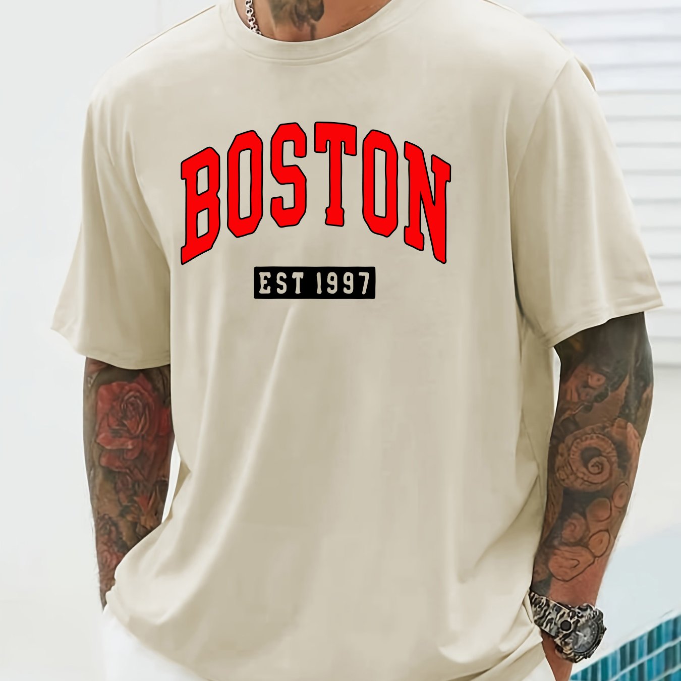 Boston Print Short Sleeve T-shirts For Men, Plus Size Stretchy Graphic Tees For Summer Casual Daily Style