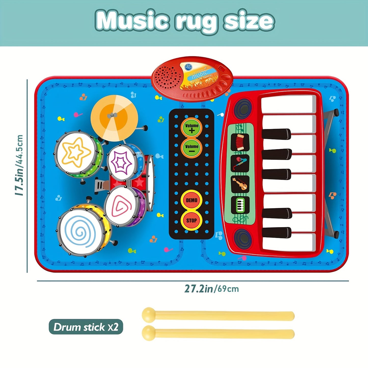 2 In 1 Musical Toys, Toddler Piano & Drum Mat With 2 Sticks, Musical Mats-Piano Keyboard & Drum, Learning Floor Blanket, Birthday Gifts For 1 2 3 Year Old Boys & Girls Baby Toys