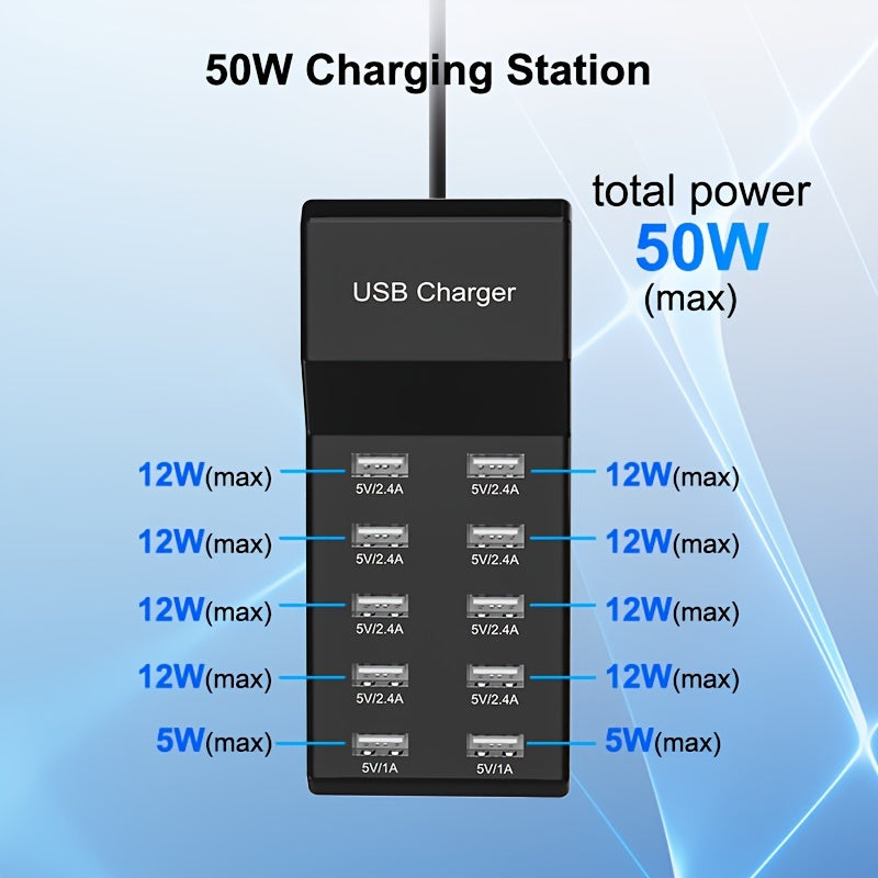 10-Port USB Wall Charger: Charging Block Multiple Devices Simultaneously With Universal Adapter!