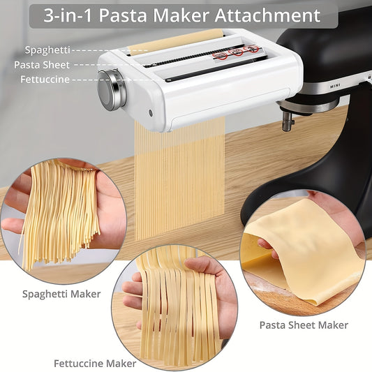 The 3-in-1 Spaghetti Accessories And Wonton Accessories Are Suitable For KitchenAid Vertical Mixer. The Spaghetti Production Accessories Include Spaghetti Drum, Spaghetti Cutter And Wonton Production Accessories