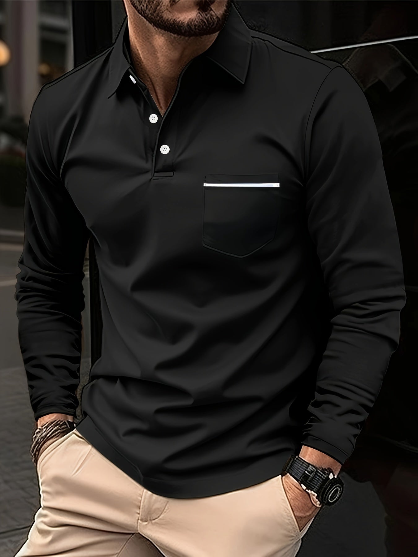 Camisa masculina de lapela de manga comprida básica madura de cor sólida com bolso no peito, esportes de golfe primavera outono