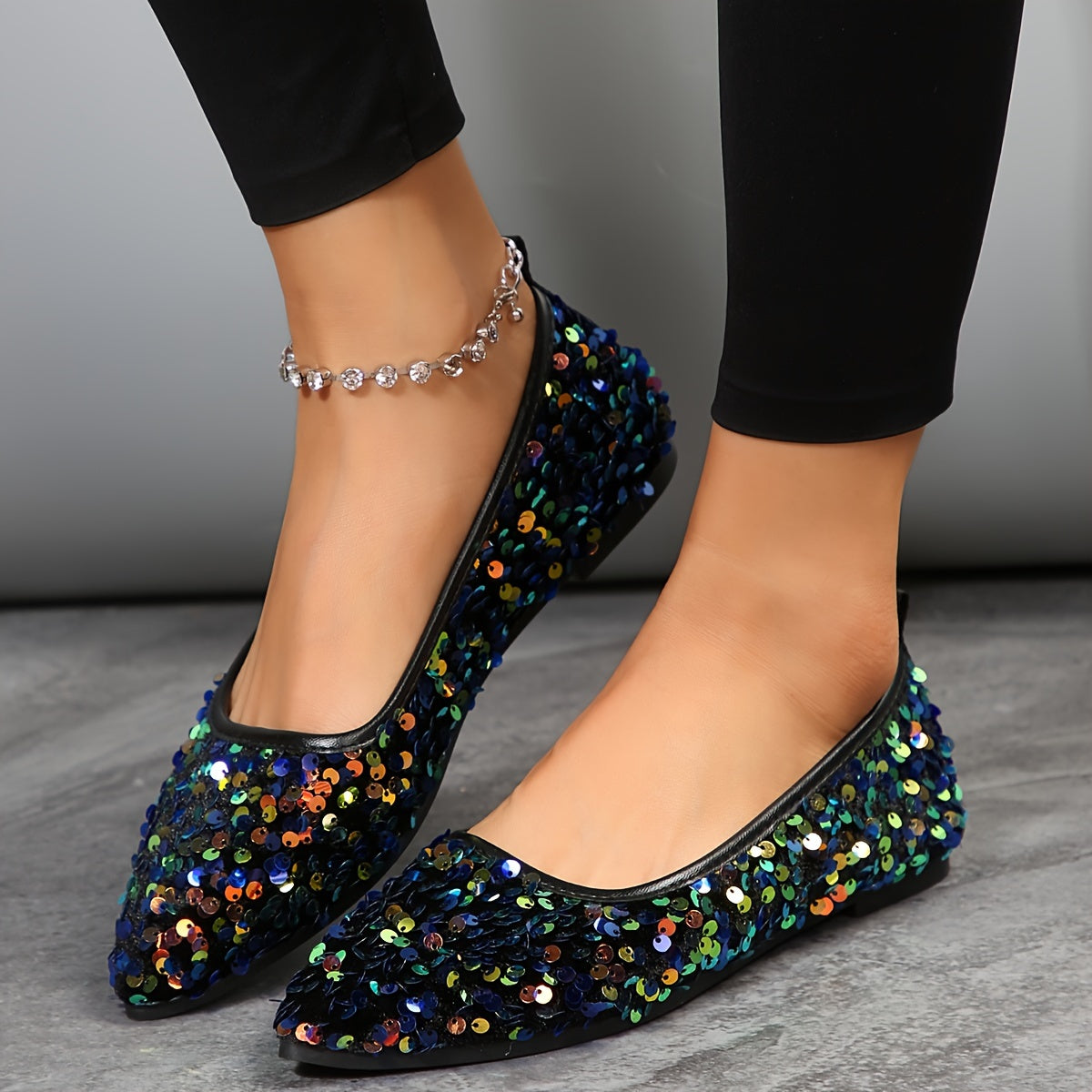 Women's Sequins Flat Shoes, Fashion Pointed Toe Soft Sole Shoes, All-Match Slip On Flats