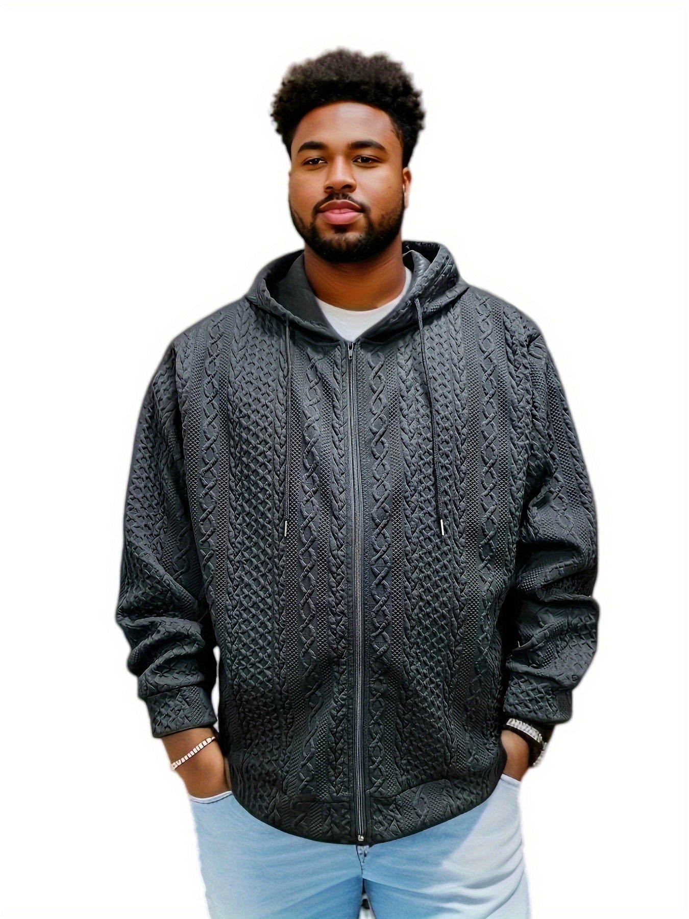 Plus Size Men's Solid Jacquard Hoodies Fashion Casual Hooded Jacket For Fall Winter, Men's Clothing