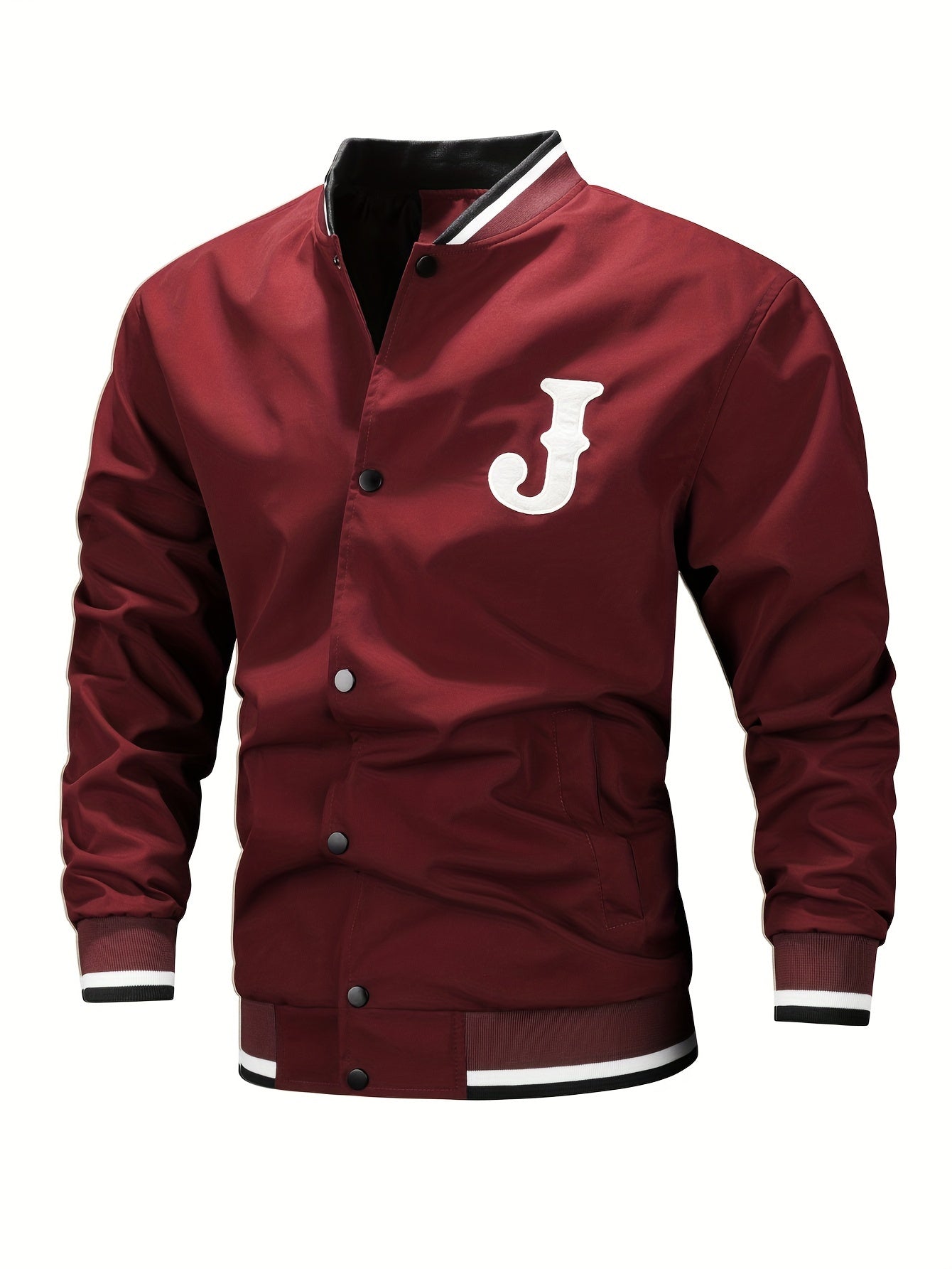 Men's Casual Letter Print Varsity Jacket, Chic Baseball Collar Button Up Bomber Jacket