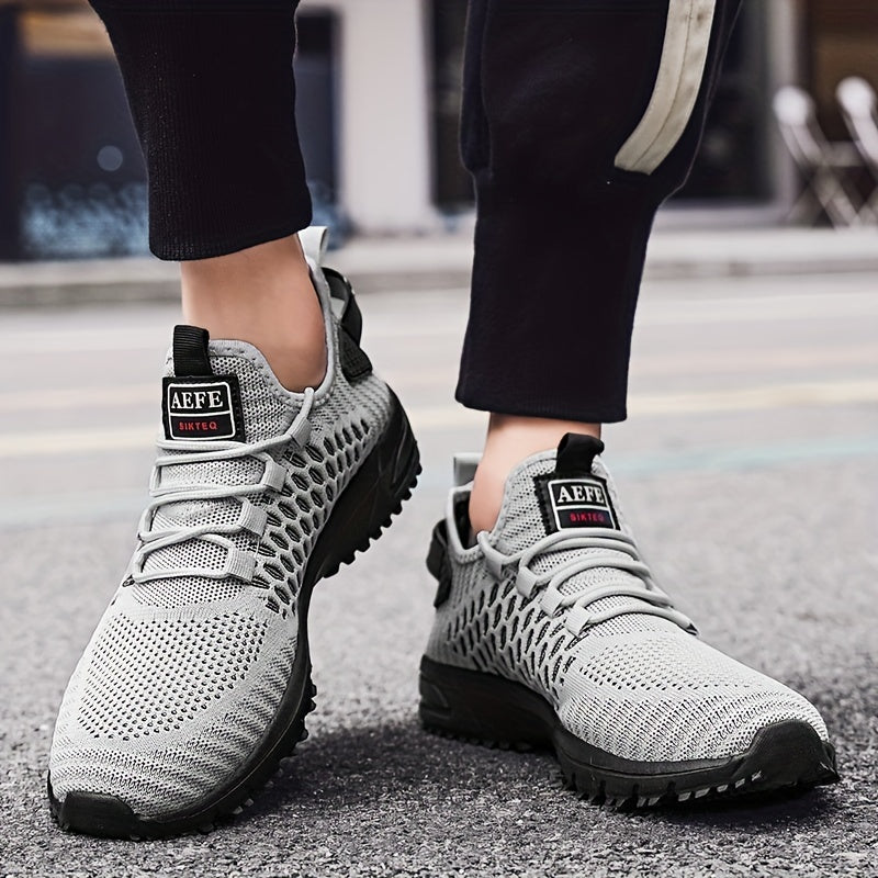 Atmungsaktive Mesh-Schnürschuhe mit lässiger geometrischer Druck für Herren, Anti-Rutsch-Schuhe für Laufsport