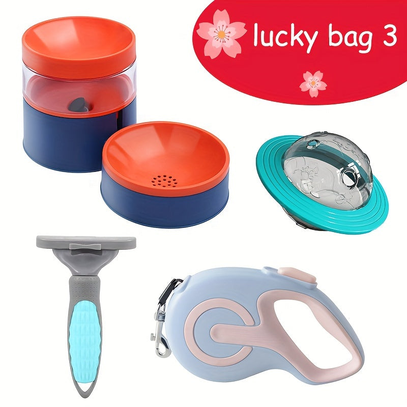 2024 Lucky Bag, 4pcs suministros para perros, conjunto integrado de alimentos y agua para perros, correa retráctil de mano para mascotas, peine de deshedding para perros y juguete de bola de fuga de alimentos en forma de disco volador