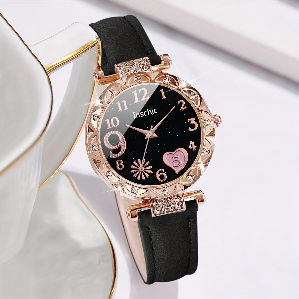 6pcs\u002Fset Women's Watch Cute Heart Firework Quartz Watch Elegant Rhinestone Analog Wrist Watch & Bracelets, Gift For Mom Her