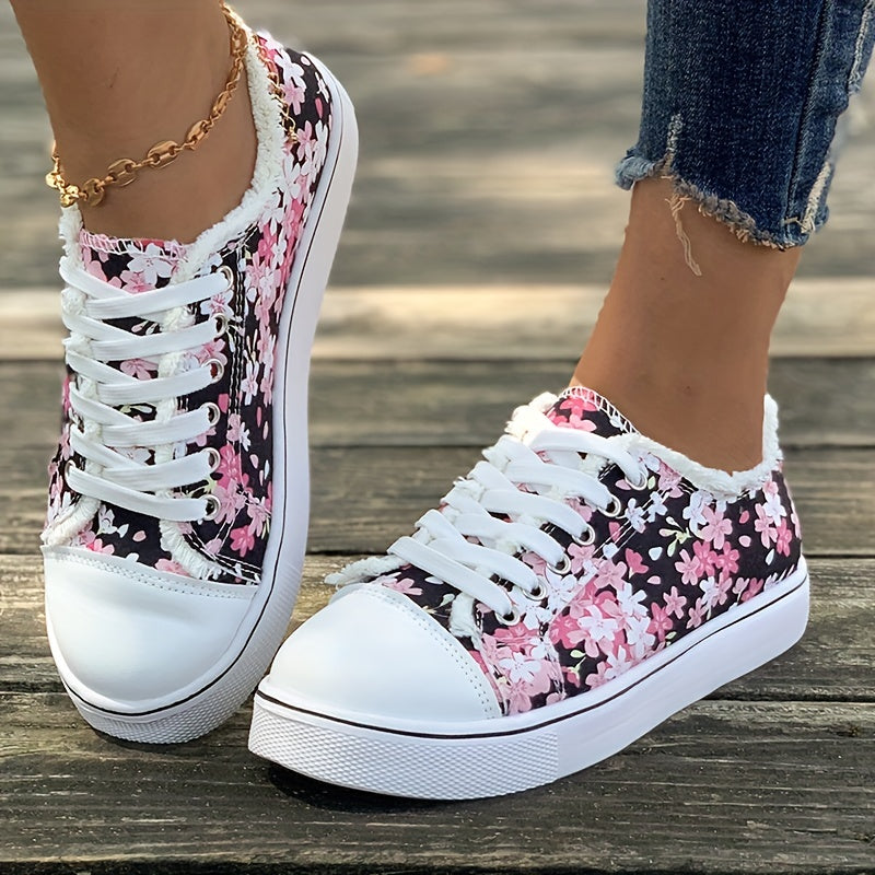 Zapatos de lona con estampado floral para mujer, Casual Lace Up Low Top Skate Shoes, Zapatillas planas de todo fósforo